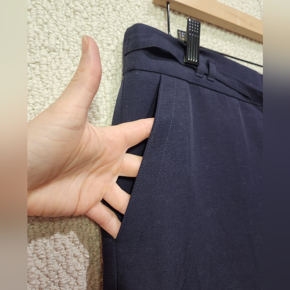 Talbots Linen Blend Wide Leg Navy Dress‎ Pant Pull On Elastic Waist Belted LG - Picture 4 of 10